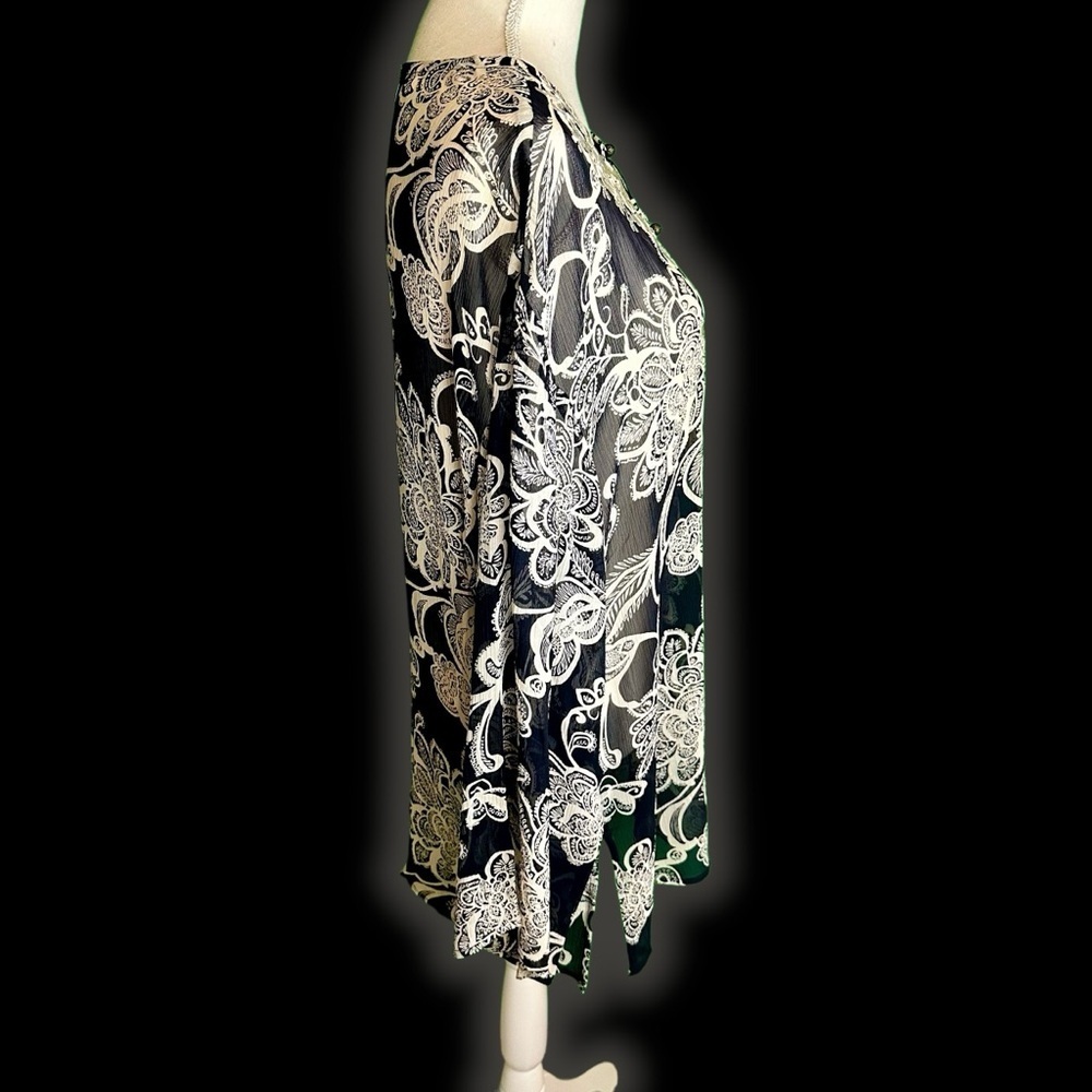 Oscar de la Renta Black & White 100% Silk Embroidered Long Sleeve Tunic Size 12 - Picture 4 of 11